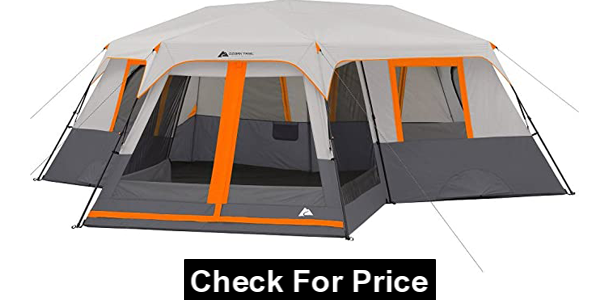 Ozark Trail 12-Person 3-Room Instant Cabin Tent with Screen Room, Measures: 20' x 18' Construction: polyester and steel Center height: 76"