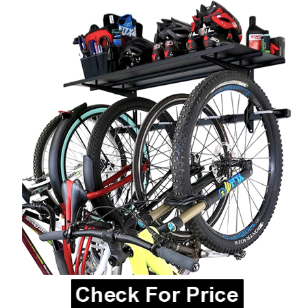 Bike Rack + Storage Shelf, Holds 5 Bicycles, Garage Adjustable Bike Wall Mount