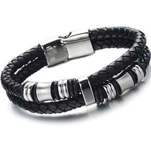 COOLSTEELANDBEYOND Mens Double-Row Black Braided Leather Bracelet COOLSTEELANDBEYOND Mens Double-Row Black Braided Leather Bracelet