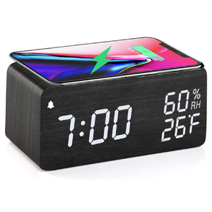 Wooden Digital Alarm Clock with Wireless Charging Wooden Digital Alarm Clock with Wireless Charging